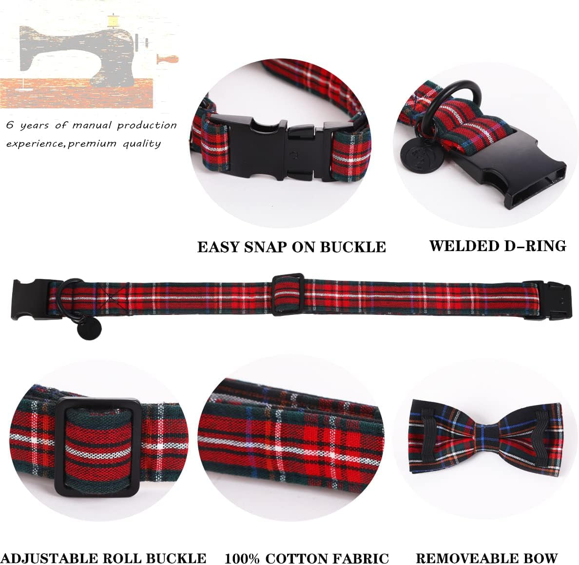 Dog Collar with Bowtie for Small Medium Large Dogs Plaid Pet Collar Comfortable Dog Collar, Checkered Bowtie Dog Collar Adjustable XS-XL