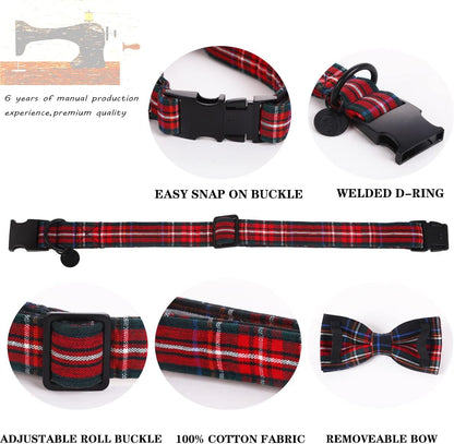 Dog Collar with Bowtie for Small Medium Large Dogs Plaid Pet Collar Comfortable Dog Collar, Checkered Bowtie Dog Collar Adjustable XS-XL