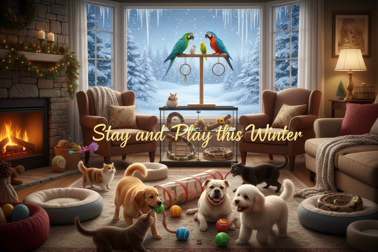 create a realistic photo with dogs, cats, parrots, parakeets, hamsters, snakes  inside a house (all in different positions, happy, playing with toys, chasing balls, chewings treats). The emphasize is the pets. The scene should portray winter. There is a fire in the fireplace, blankets and dog beds emphasizing winter.  In the backgound you can see out of a window snow is falling, the ground and trees are white from the snow, Icicles hanging from the roof. Write across the 'Stay and Play this Winter'